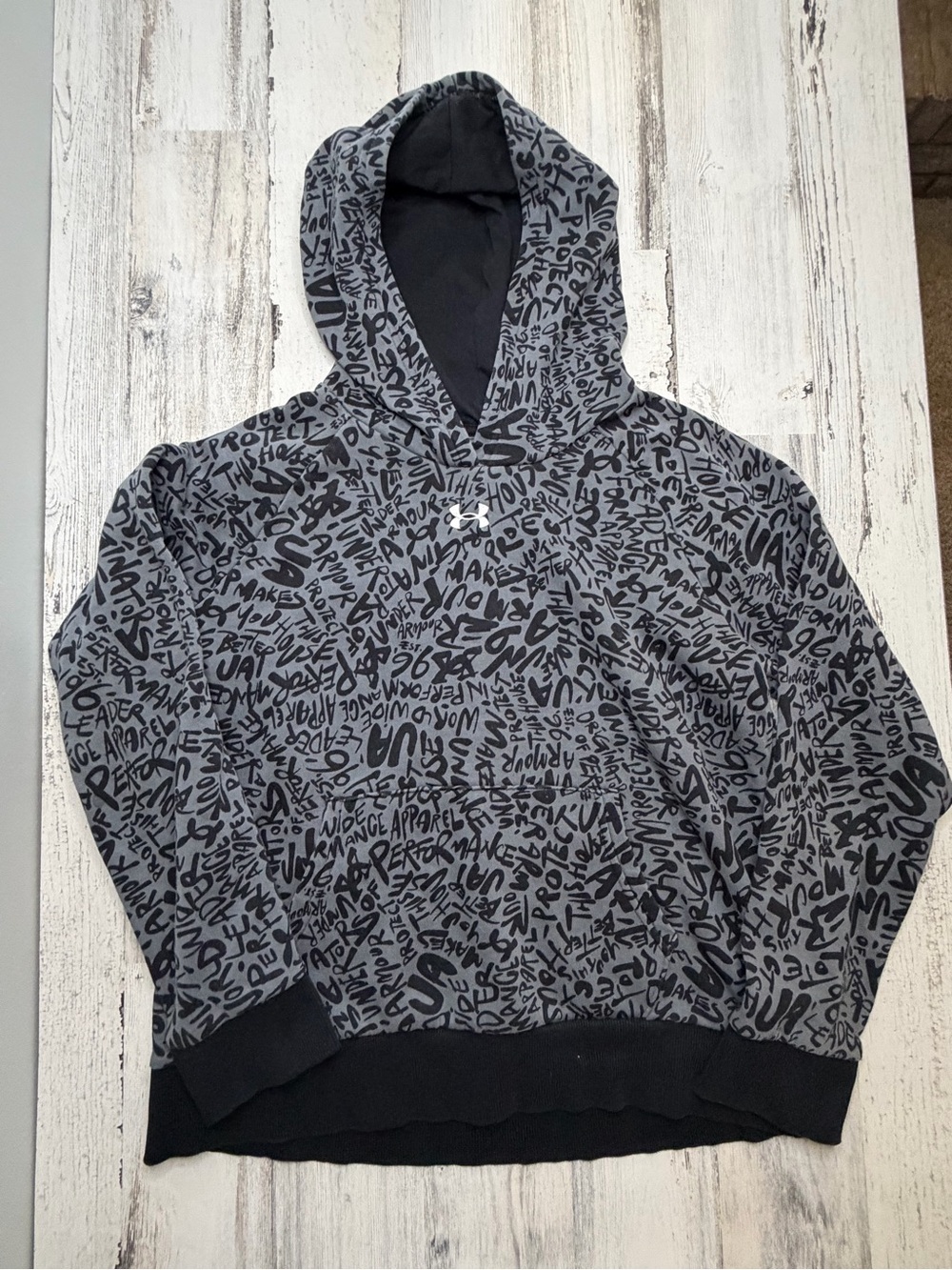 Under Armour Rival Fleece Graffiti Hoodie Youth L Gray Black